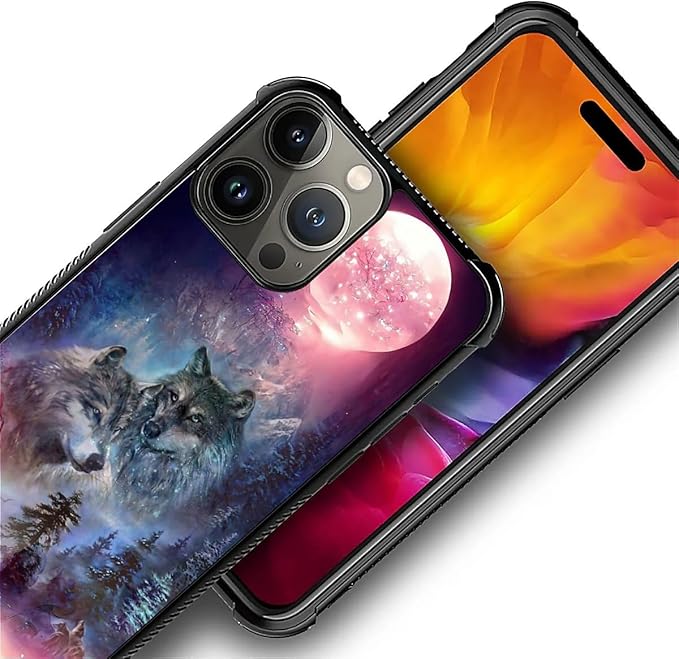 for iPhone 16 Pro Max Case, Star Two Wolfs Howling Pattern Graphic Design Girl Boy Soft Silicone Hard Acrylic Shock Protection for iPhone 16 Pro Max