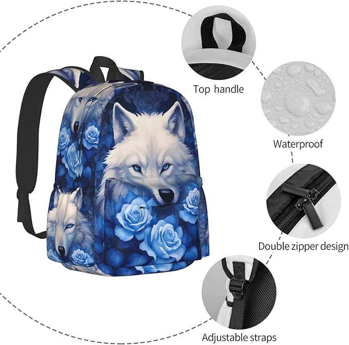 cfpolar 17 Inch Backpack Blue Rose Wolf Laptop Bag Shoulder Bag School Bookbag Casual Daypack For Boys Girls