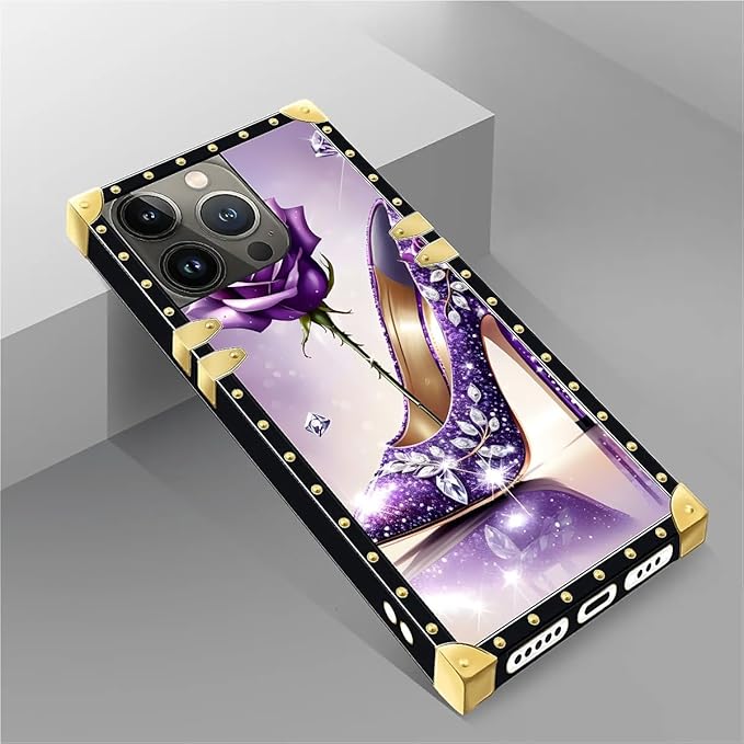 Compatible with iPhone 14 Pro Case, High Heeled Purple Diamond Rose Luxury Golden Decoration for Girl Women Soft TPU Shockproof Protective Hard PC Back for iPhone 14 Pro