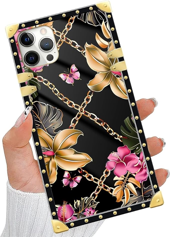 Compatible with iPhone 11 Pro Max Case, Pink Golden Chain Tropical Flower Luxury Golden Decoration for Girl Women Soft TPU Shockproof Protective Hard PC Back for iPhone 11 Pro Max