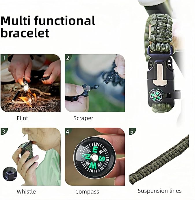Chinshwehaw 5 in 1 Survival Bracelet-Fire Starter,Loud Whistle,Compass,Paracord Rope & Cutter,Military Grade Tactical Gear for Emergency for Emergency,Camping&Hiking Gear