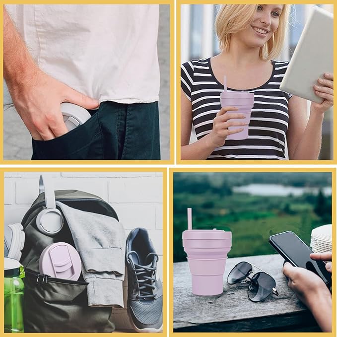 12 Oz Silicone Collapsible Travel Cup,Portable Silicone Water Bottle for Hot and Cold Beverages, Reusable Folding Drinking Cup with Lids 350ml for Camp Hiking Travel with Straw - Purple