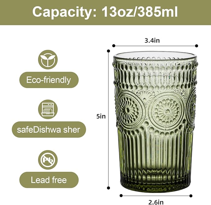 ZMOWIPDL Vintage Glassware Drinking Glasses Set of 6,13 oz Green Textured Flower Design Glass Water Tumblers，Embossed Striped Drinkware for Water,Cocktails,Juice,Iced Coffee