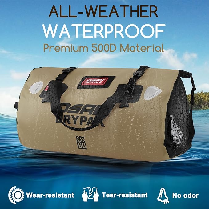 OSAH DRYPAK Waterproof Duffel Bag - Motorcycle Dry Bag Tail Bag with Large Storage Space, Waterproof Luggage Duffle Bags with Outer Mesh Zipper Pocket for Camping, Kayaking, Fishing & Traveling