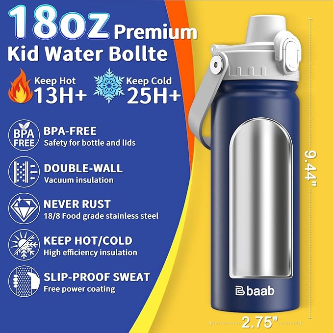 baab 18oz Kids Water Bottle, Insulated Kids Water Bottle with Lockable Spout Lid & Stickers, 18/8 Stainless Steel Vacuum Leakproof Kid Water Cup with Handle for Boy Girl & School (Grey+Navy Blue)