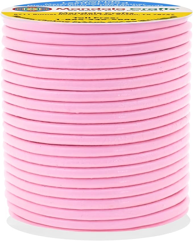 Mandala Crafts Round Genuine Pink Leather Cord for Jewelry Making – 3mm Cowhide Leather Rope String Lace for Kumihimo – 20 Yards Cowhide Craft Cording Spool