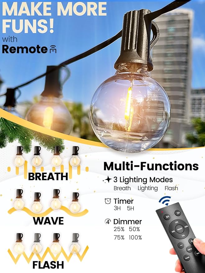 Outdoor String Lights with Remote 50FT - Dimmable Patio Lights with Waterproof G40 LED Globe Bulbs, Connectable Shatterproof Hanging Lighting for Outside Bistro Garden Backyard Deck Decor