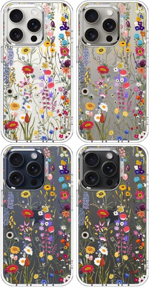 MOSNOVO Case for iPhone 15 Pro, [Buffertech 6.6ft Military-Grade Drop Protection] [Anti Peel Off Tech] Clear TPU Bumper Phone Case Cover Design - Wildflower Meadow