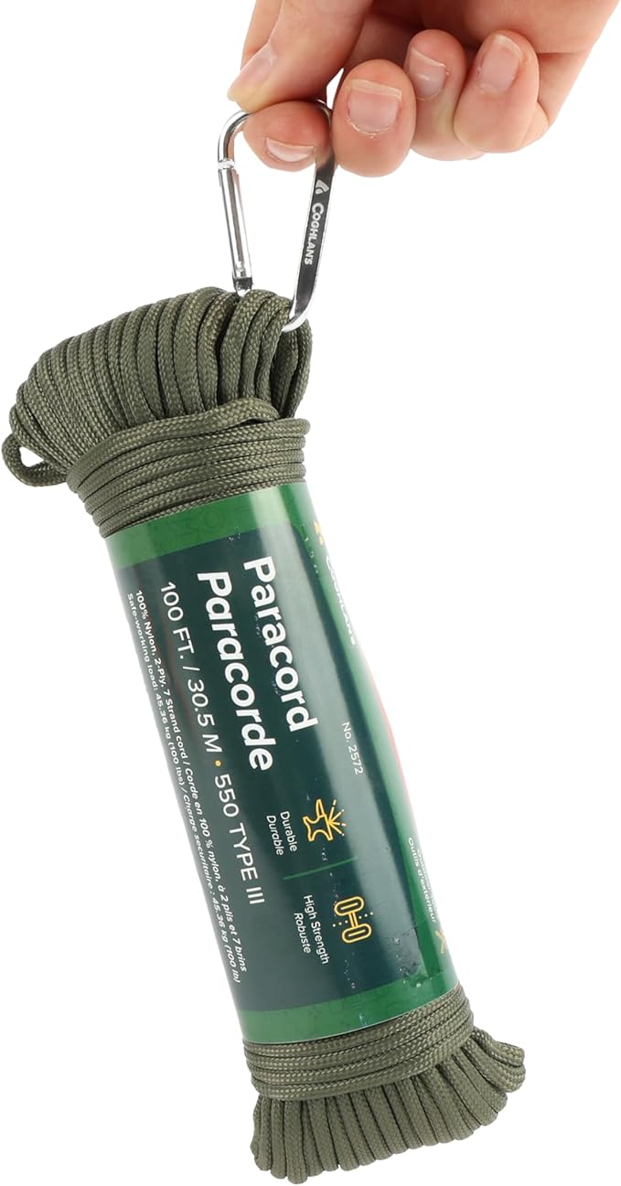Coghlan’s Paracord 100 ft – Type III 550 Nylon Cord, 7-Strand Core, 550 lb Strength – for Camping, Survival, Outdoor Use – Olive