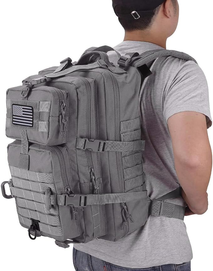 Hannibal Tactical MOLLE Assault Backpack, Tactical Backpack Military Army Camping Rucksack, 3-Day Pack Trip w/USA Flag Patch, D-Rings, Grey