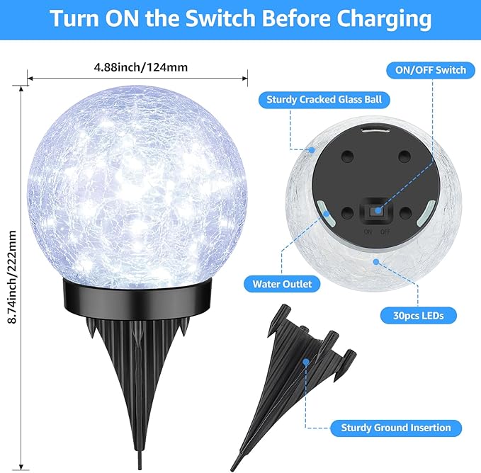 ASOMST 2-Pack Garden Solar Lights Outdoor, Cracked Glass Ball Light Waterproof, Decorative Solar Powered Globe Lighting Cool White for Yard Pathway