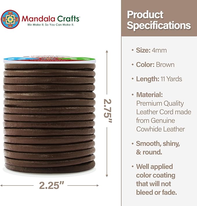 Mandala Crafts Round Cowhide Genuine Brown Leather Cord for Jewelry Making Kumihimo Leather Rope Spool - Brown String Lace - 11 Yds 4mm Cording