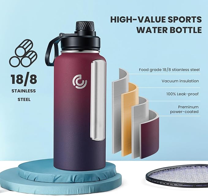 Sports Water Bottle 32oz, Insulated Water Bottle with Handle,Stainless Steel,Simple Modern,Suitable for Travel, School, Boy, Girl(Midnight)