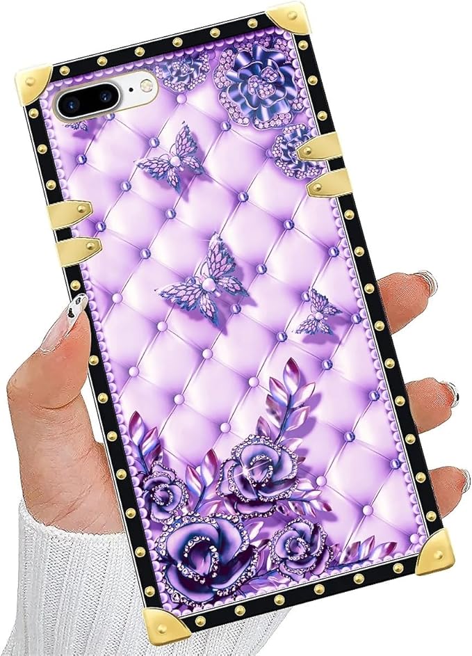 Compatible with iPhone 8 Plus 7 Plus Case, Purple Butterfly Flowers Leaf Luxury Golden Decoration for Girl Women Soft TPU Shockproof Protective Hard PC Back for iPhone 8 Plus 7 Plus