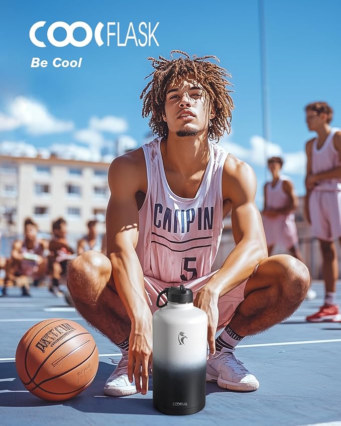 Coolflask 128 oz Gallon Water Bottle Insulated with Straw&3 Lids, Water Jug Large Stainless Steel Metal Vacuum Wide Mouth for Sports, Gym or Office, Non-BPA Keep Cold 48H Hot 24H, White & Black