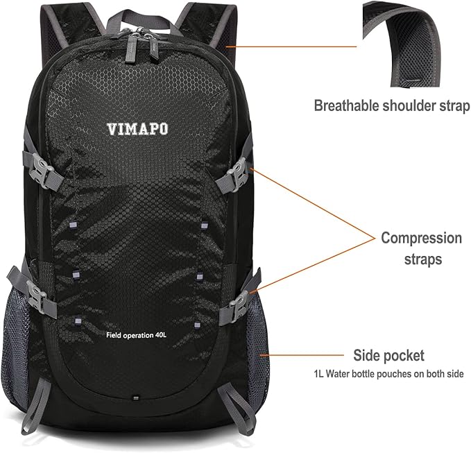 Packable Lightweight Backpack 40L, Ripstop Nylon Foldable Traveling Daypack, Collapsible Hiking Backpack For Outdoor(Black)