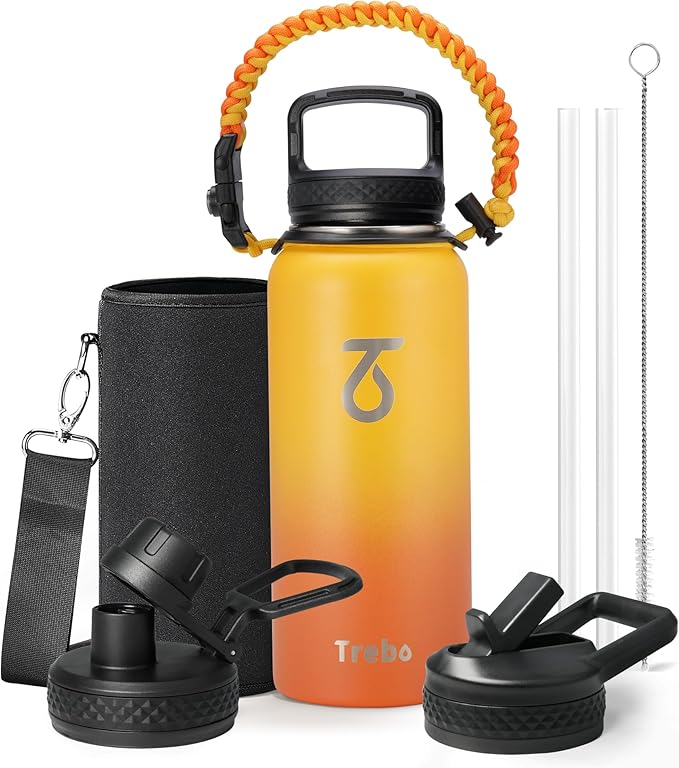 Trebo 32oz Water Bottle Insulated with Lid and Straw,Triple Wall Vacuum Stainless Steel Metal Tumbler Sports Flask with Paracord Handle, Keep Hot 24 Hours & Cold 48 Hours Water Cup with 3 Lids, Orange