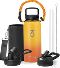 Trebo 32oz Water Bottle Insulated with Lid and Straw,Triple Wall Vacuum Stainless Steel Metal Tumbler Sports Flask with Paracord Handle, Keep Hot 24 Hours & Cold 48 Hours Water Cup with 3 Lids, Orange