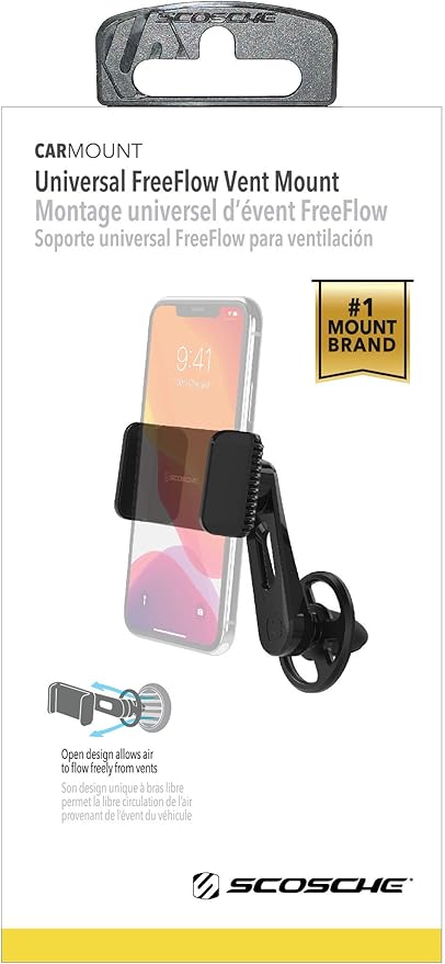 Scosche VP2M-SP Universal Freeflow Vent/Dashboard Phone Holder for Car, 2-in-1 Portable, Adjustable Non-Magnetic Mobile Device Stand with 360° Rotation, Vent Clips and Quick Grip Universal Mount Head