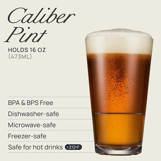 Drinique Unbreakable Caliber Pint Beer Glasses – Set of 4 | 16oz Tritan Plastic - Made in USA | 50% Recycled Content | Reusable, Dishwasher Safe, BPA-Free, Shatterproof | Everyday Use - Clear