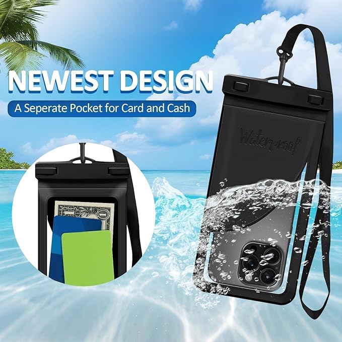 Waterproof Phone Pouch, with Interior Card Pocket, Large Waterproof Phone Case for iPhone 17 16 15 14 Pro Max, IPX8 Lightweight Cellphone Dry Bag, Beach Cruise Ship Essential,1 Pack-Black-8.3″