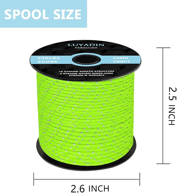 Reflective Paracord 240lb - Diameter 2mm Micro Utility Cord -3 Strand Parachute Spool Cord - 100ft 200ft,Paracord for Camping,Hiking,Fishing,Outdoor and DIY