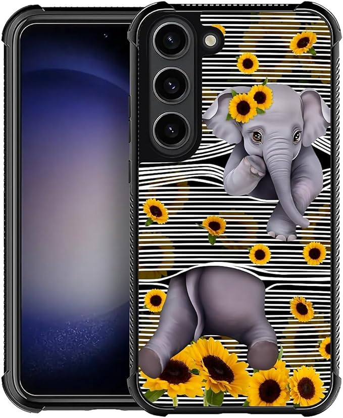 for Samsung Galaxy S23 Case, Cute Little Elephant Sunflower White Line Art Pattern Graphic Design Girl Boy Soft Silicone Hard Acrylic Shock Protection for Samsung Galaxy S23