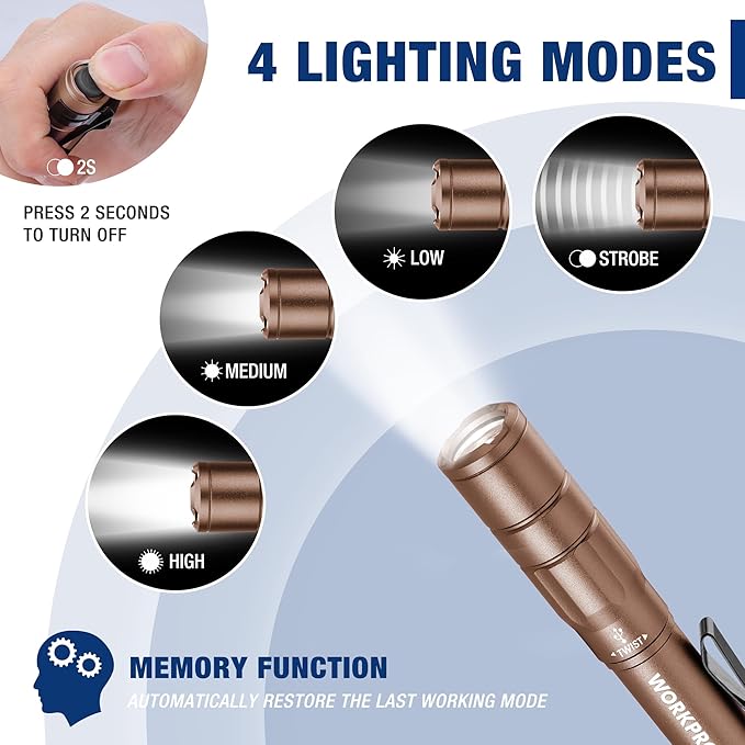 WORKPRO Rechargeable Pen Light, Mini Flashlight, 2 Pack Ultra-Compact EDC Flashlight, Pocket Flashlight with Clip, Memory Function and 2 x USB C Cable Included, Brown