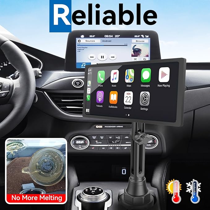 Cup Holder Car Mount for Portable CarPlay Screens, Adjustable Height, Flexible Long Arm, Alternative Cupholder Mounting Solution for in-Car Android Display Monitors (Bracket Adapter Included)