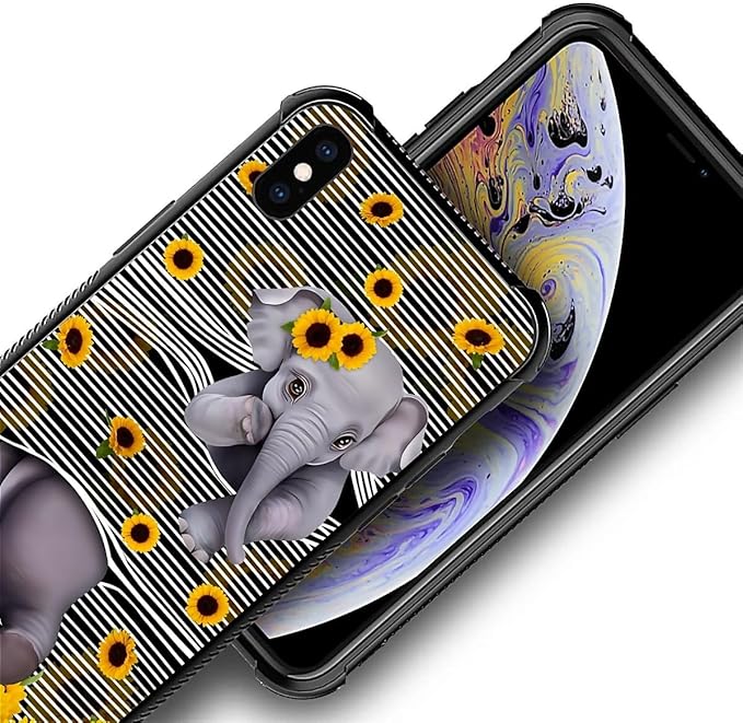 for iPhone X/Xs Case, Cute Little Elephant Sunflower White Line Art Pattern Made of Soft Silicone Hard Acrylic Shock Protection for iPhone X/Xs