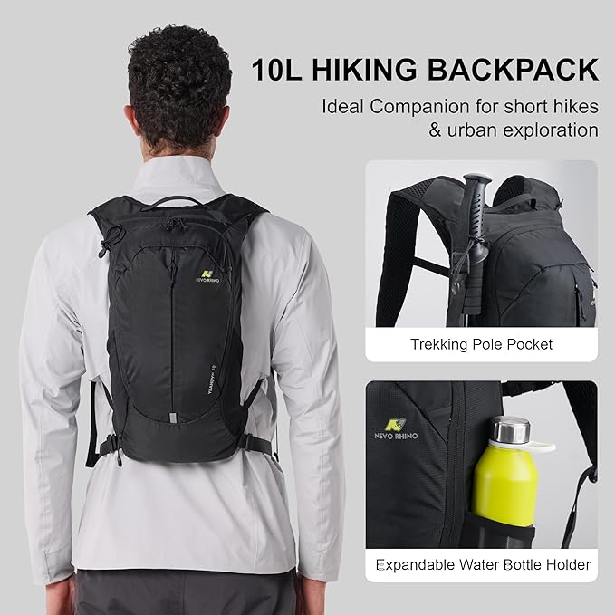 N NEVO RHINO Small Hiking & Trekking Backpack, 10L Lightweight Travel Backpack, Hiking Daypack for Women Men