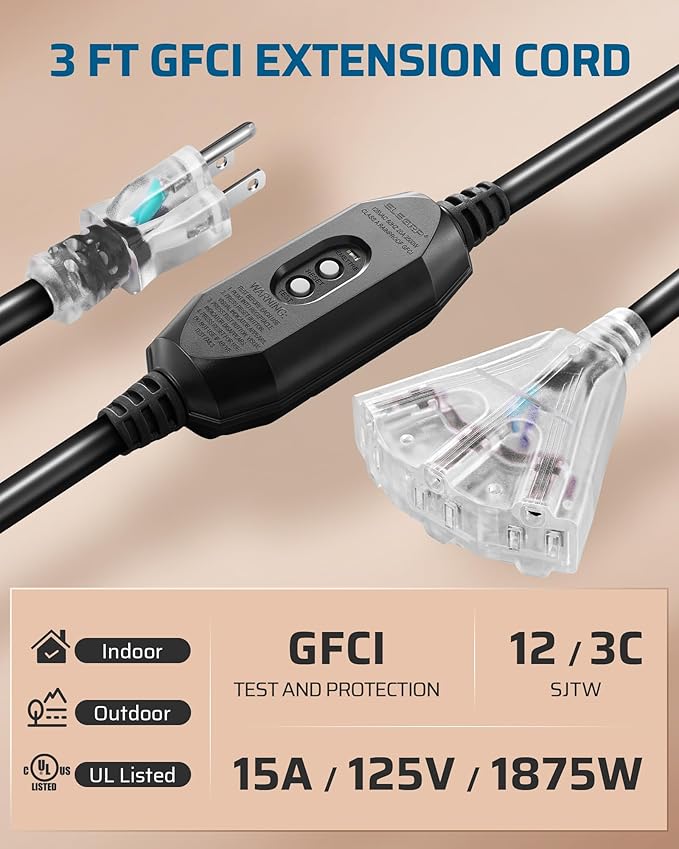 DEWENWILS 3 FT Automatic GFCI Extension Cord Outdoor, 12/3 Gauge Extension Cord for Multiple Appliances, Heavy Duty Power Cable with LED Lighted 3 Prong Plug, Black, UL Listed