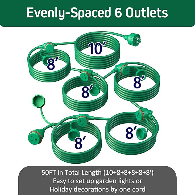 50FT Green Outdoor Extension Cord, Evenly Spaced 6 Outlets Plugs with Waterproof Cover, 16/3 SJTW Weatherproof Multiple Outlets Wire for Holiday Light and Halloween Christmas Decoration, ETL Listed