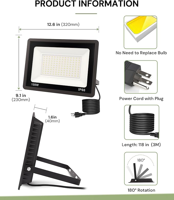 L LOHAS LED Flood Lights Outdoor, 150W Dusk to Dawn Outdoor Lighting, IP66 Waterproof Plug in Floodlights, 6000K Daylight Work Light, Security Lights for Yard, Garage, UL Listed, 2Pack