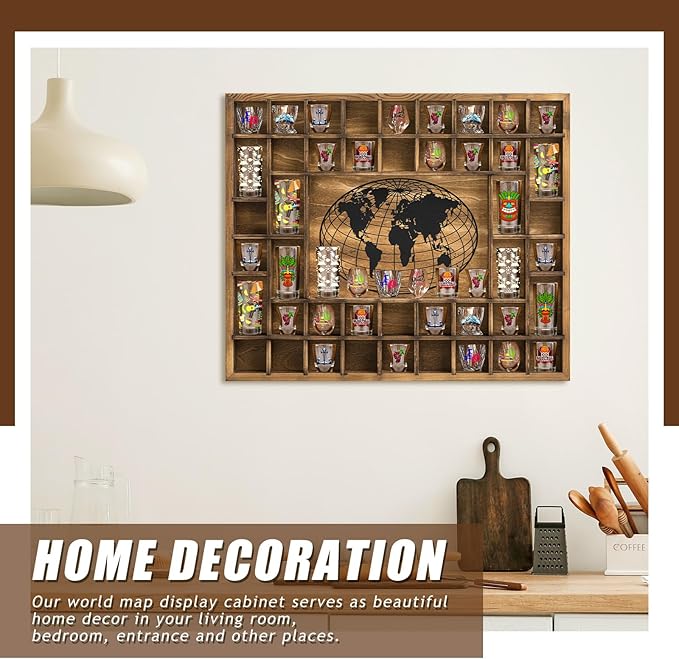 GlikCeil 44 Slots 28 x 23'' Medium World Map Shot Glass Display Case Rustic Wood Shot Glass Holder for Different Size Wineglass Bar Shelf Organizer Storage Cabinet Decor