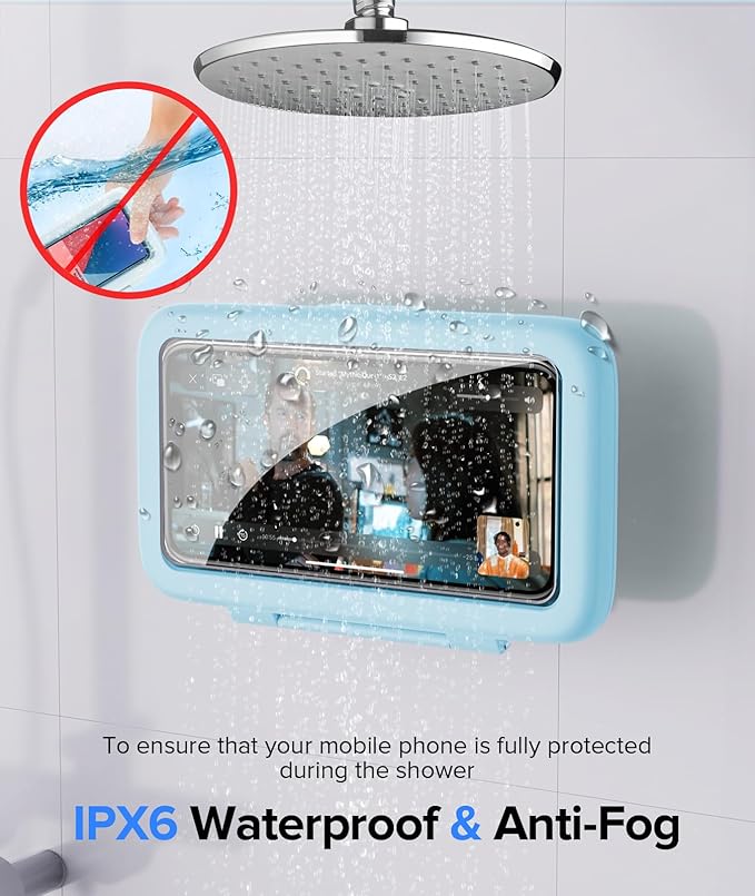 LC-dolida Shower Phone Holder Waterproof Gift for Men Women Universal Phone Stand Case Bathroom Wall Mount for iPhone 17 16 15 14 13 12 Pro Max XS XR up to 6.8" (Sky Blue)