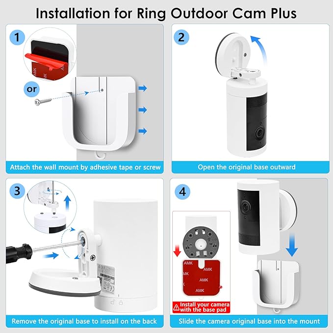 No Drill Wall Mount for Ring Outdoor Cam Plus, Easy Installation with Strong Adhesive Tape or Screws, Indoor Camera Mount for Ring Camera, 2Pack, White
