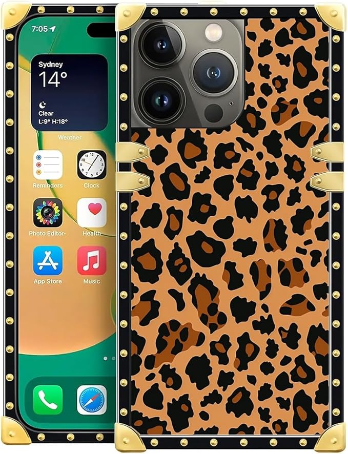 Compatible with iPhone 14 Pro Case, Brown Leopard Texture Luxury Golden Decoration for Girl Women Soft TPU Shockproof Protective Hard PC Back for iPhone 14 Pro