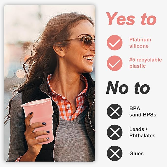 Collapsible Silicone Cup - Pink, Reusable Foldable Travel Cup for Camping, Hiking & Gym, Leak-Proof, Eco-Friendly, BPA-Free, Dishwasher Safe, Portable Water Bottle for Women