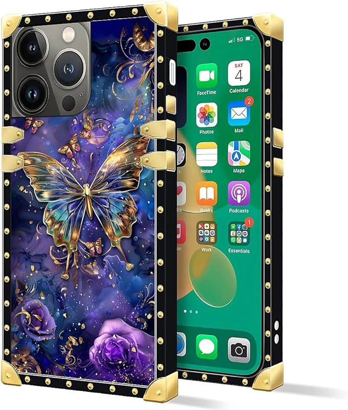 Compatible with iPhone 14 Pro Case, Glistening Golden Butterfly Vibrant Purple Blue Luxury Golden Decoration for Girl Women Soft TPU Shockproof Protective Hard PC Back