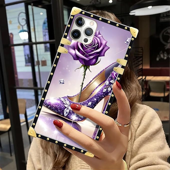 Compatible with iPhone 12 12 Pro Case, High Heeled Purple Diamond Rose Luxury Golden Decoration for Girl Women Soft TPU Shockproof Protective Hard PC Back for iPhone 12 12 Pro