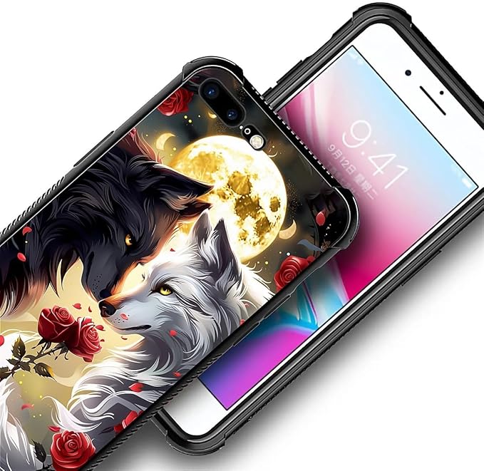 for iPhone 7/8 Case, Black White Wolf Moon Flower Rose Pattern Made of Soft Silicone Hard Acrylic Shock Protection for iPhone 7/8