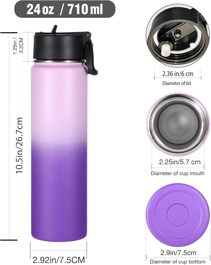 Volhoply 24 Ounce Insulated Water Bottle with Straw Lid,Stainless Steel Wide Mouth Sport Bottles with Handle,Double Wall Vacuum Cups Keep Cold,Reusable Travel Thermal Cups For Holder(Lavender,1)