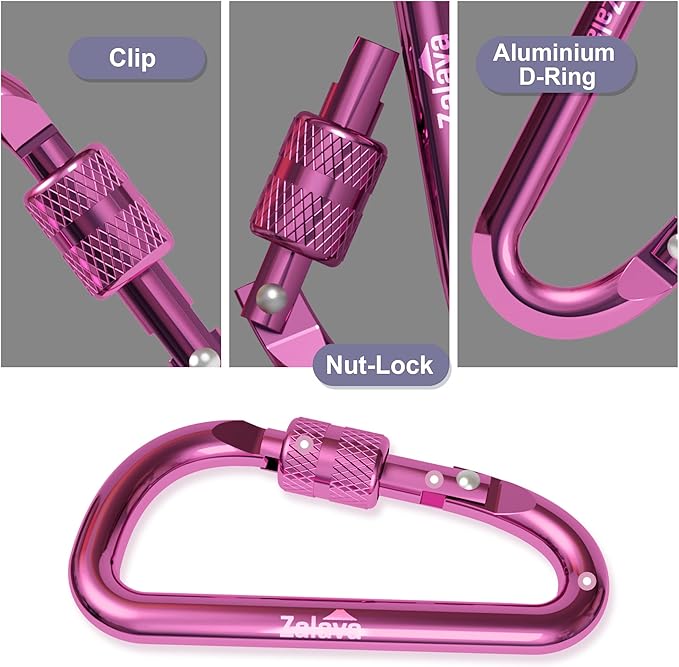 6PCS Carabiner Keychain, 2 inch Aluminum D-Clip Caribeener with Hook