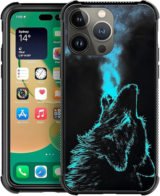 for iPhone 14 Pro Case, Blue Breathing Wolf Pattern Graphic Design Girl Boy Soft Silicone Hard Acrylic Shock Protection for iPhone 14 Pro
