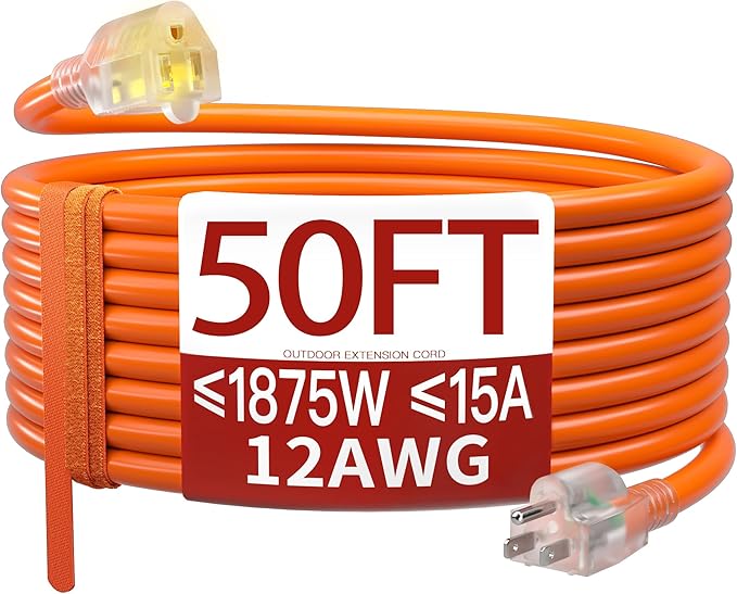 50 FT 12 Gauge Extension Cord Outdoor, Heavy Duty Weatherproof & Flame Retardant Orange 3 Prong Power Cord with Light, Outside for Lawn & Garden, 15 Amps 1875 Watts 125 VAC 12AWG SJTW, ETL Listed