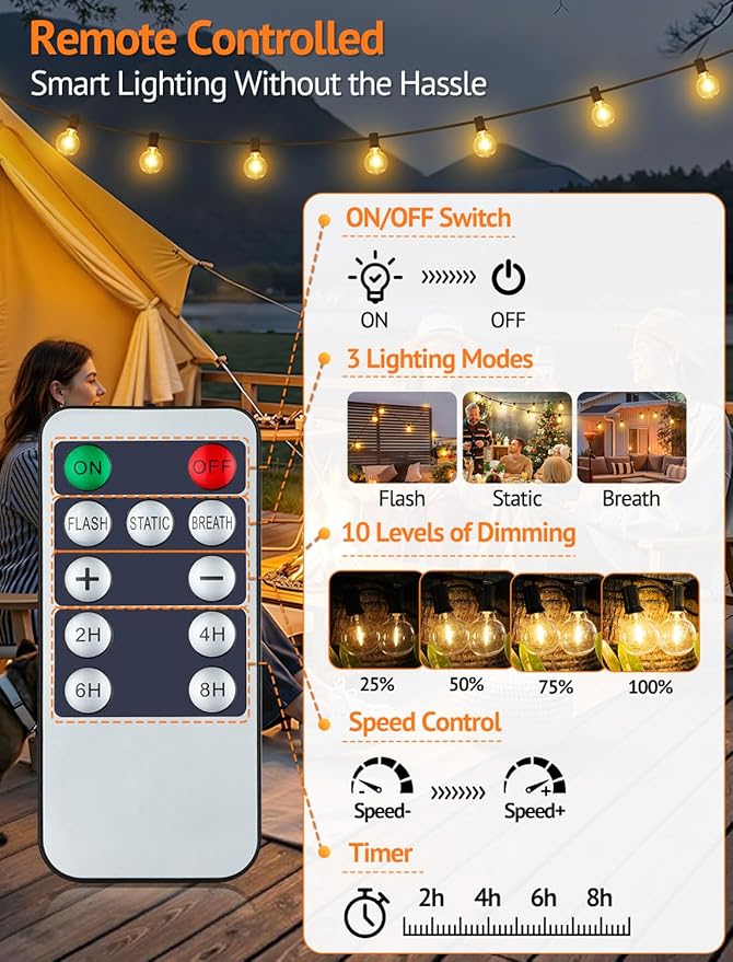 Larkvue 50FT(2x25FT) Solar String Lights Outdoor with Remote, Waterproof Dimmable 3 Modes Patio Lights with 20+2 LED G40 Bulbs for Cafe Bistro-Black