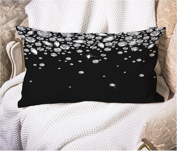 EKOBLA Shiny Diamond Rectangle Pillow Cases White Crystal Sparkle Gemstone Treasure Jewelry Waist Lumber Cotton Linen Cushion Cover Oblong Rectangle Pillowcase for Home Decoration Bedroom 12x20