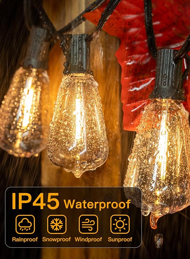 Ollny Outdoor String Lights 30FT, Shatterproof Connectable Patio Lights with 15+1 Spare ST38 Vintage Bulbs, 2200K Warm White Waterproof Outside Hanging Light for Camping Yard Gazebo Porch Balcony