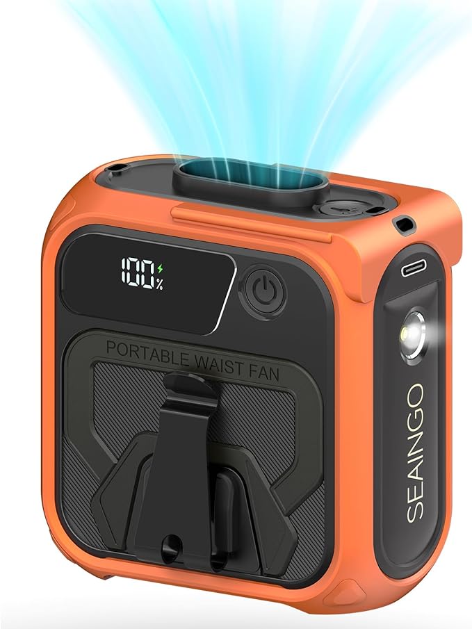 SEAINGO Portable Waist Fan Rechargeable – 10000mAh, 42 ft/s Max, 5 Speeds 16000RPM, Personal Cooling Wearable Clip Body Belt Shirt Fans, Hanging Neck Fan with Light for Camping Travel Outdoor Indoor